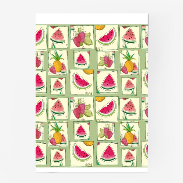 Постер &laquo;Ананас,арбуз,клубника и дольки арбуза.Летний паттерн с фруктами.&raquo;