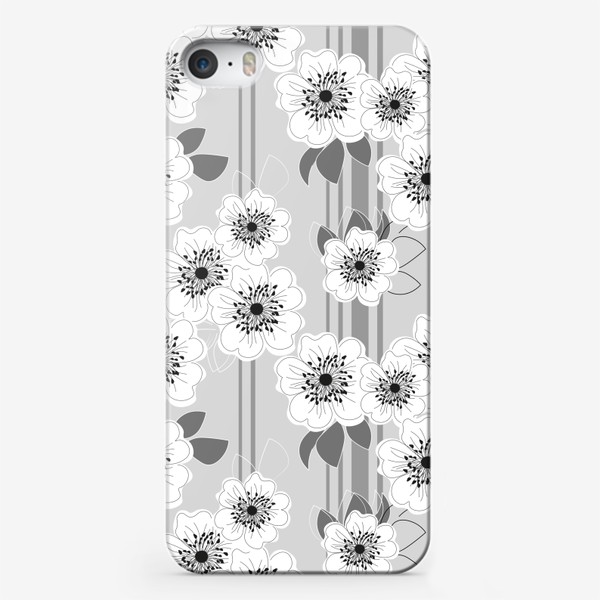 Чехол iPhone &laquo;Белые нежные цветы шиповника на сером полосатом фоне.Цветочный паттерн.&raquo;