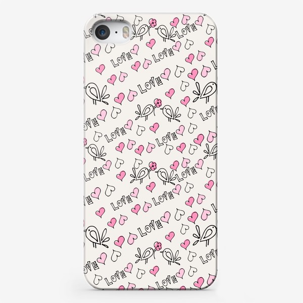 Чехол iPhone «Влюбленные птички с цветами и сердечками. Паттерн любовь.»