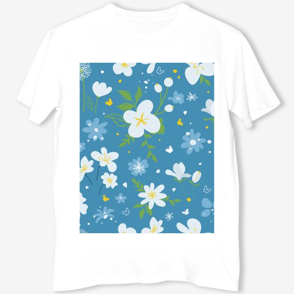 Футболка «Садовый цветок, растения, бесшовный дизайн на синем фоне. Симпатичный узор в виде маленького цветочка.»