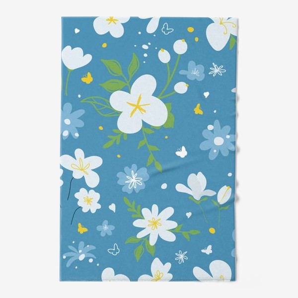 Полотенце «Садовый цветок, растения, бесшовный дизайн на синем фоне. Симпатичный узор в виде маленького цветочка.»
