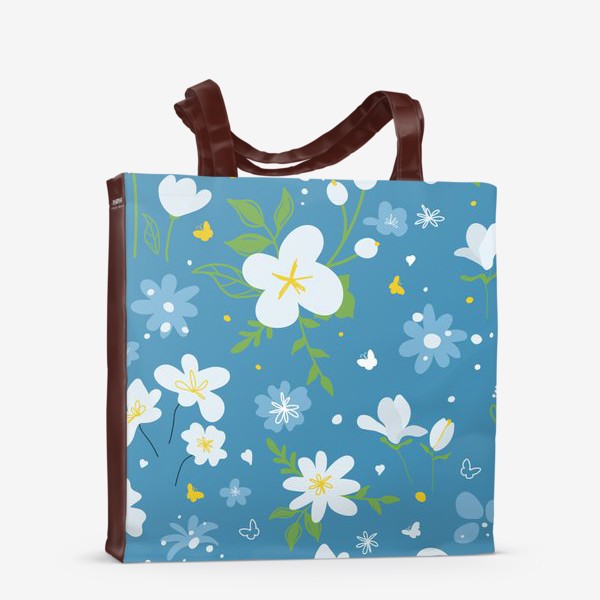 Сумка-шоппер «Садовый цветок, растения, бесшовный дизайн на синем фоне. Симпатичный узор в виде маленького цветочка.»