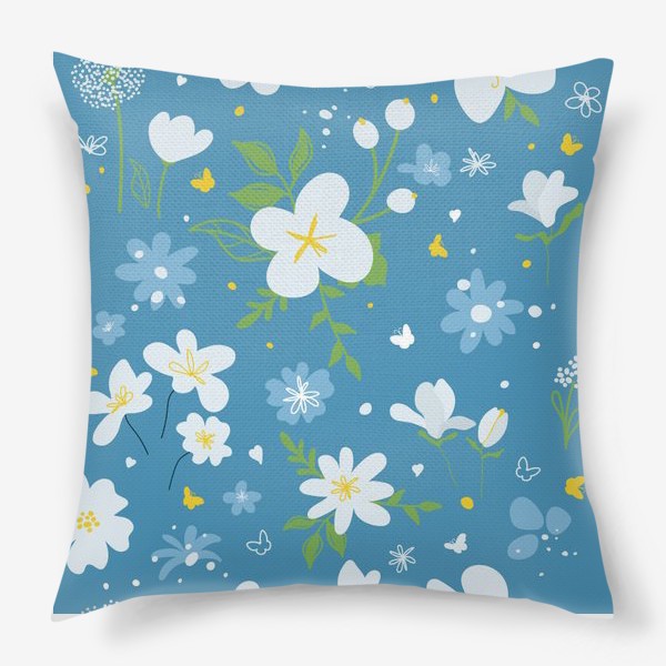 Подушка «Садовый цветок, растения, бесшовный дизайн на синем фоне. Симпатичный узор в виде маленького цветочка.»
