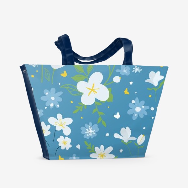 Пляжная сумка «Садовый цветок, растения, бесшовный дизайн на синем фоне. Симпатичный узор в виде маленького цветочка.»