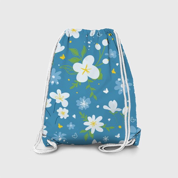 Рюкзак «Садовый цветок, растения, бесшовный дизайн на синем фоне. Симпатичный узор в виде маленького цветочка.»