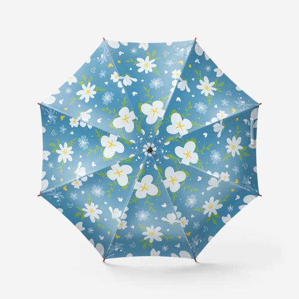 Зонт «Садовый цветок, растения, бесшовный дизайн на синем фоне. Симпатичный узор в виде маленького цветочка.»