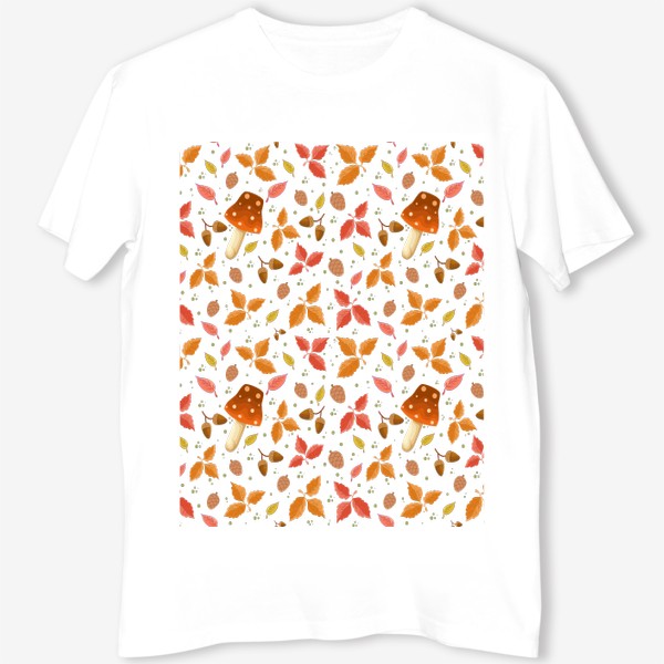 Футболка &laquo;Осенний паттерн. Оранжевыйе, зелёные, жёлтые листья, грибы и шишки.&raquo;