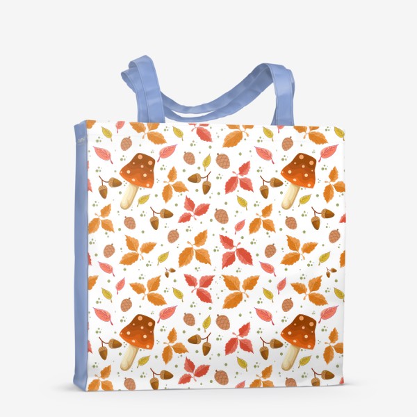 Сумка-шоппер «Осенний паттерн. Оранжевыйе, зелёные, жёлтые листья, грибы и шишки.»