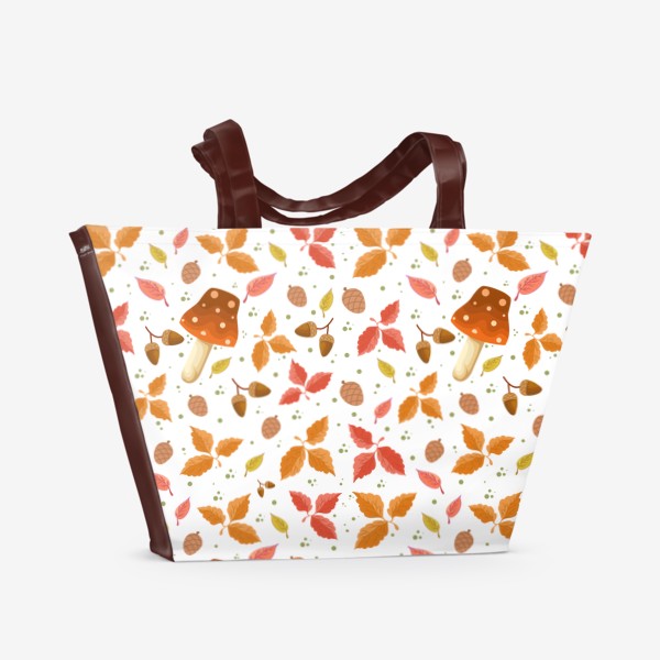 Пляжная сумка &laquo;Осенний паттерн. Оранжевыйе, зелёные, жёлтые листья, грибы и шишки.&raquo;