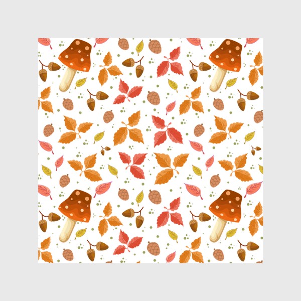 Шторы &laquo;Осенний паттерн. Оранжевыйе, зелёные, жёлтые листья, грибы и шишки.&raquo;