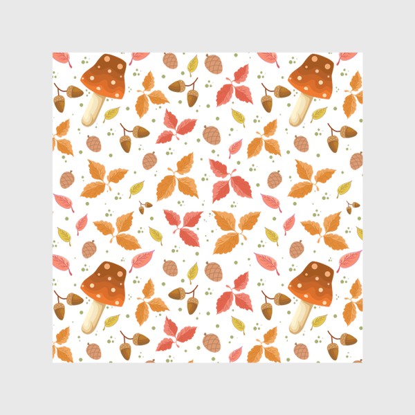 Скатерть «Осенний паттерн. Оранжевыйе, зелёные, жёлтые листья, грибы и шишки.»