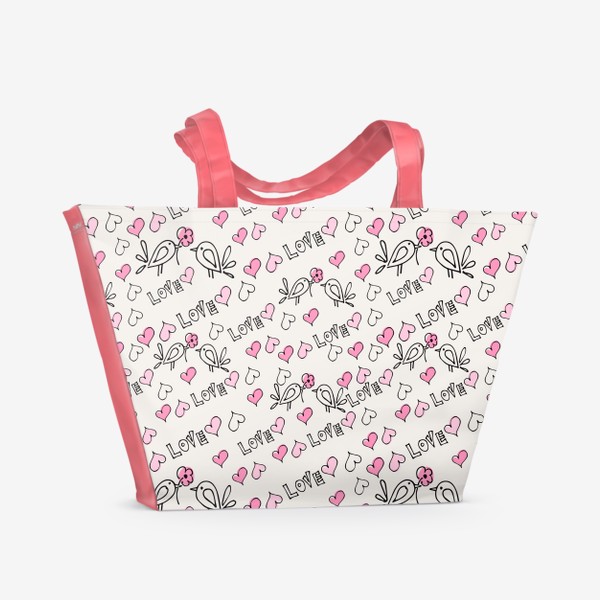 Пляжная сумка «Влюбленные птички с цветами и сердечками. Паттерн любовь.»