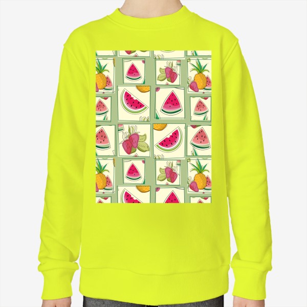 Свитшот «Ананас,арбуз,клубника и дольки арбуза.Летний паттерн с фруктами.»