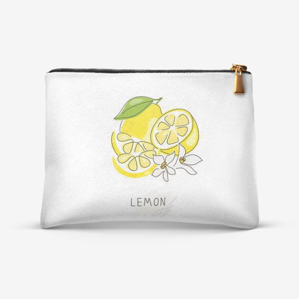 Косметичка «Рисованный лимон на белом фоне. Скетч. Свежие желтые плоды лимона, лайма»