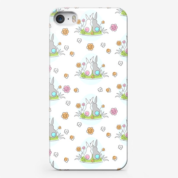 Чехол iPhone «Милые кролики.Пасхальный паттерн с кроликами и цветами.»