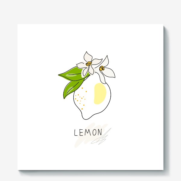 Холст «Рисованный лимон с цветами и листьями на белом фоне. Скетч. Одна линия»