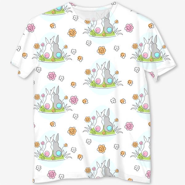 Футболка с полной запечаткой «Милые кролики.Пасхальный паттерн с кроликами и цветами.»