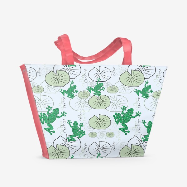 Пляжная сумка &laquo;Паттерн с лягушками и листьями кувшинок.&raquo;