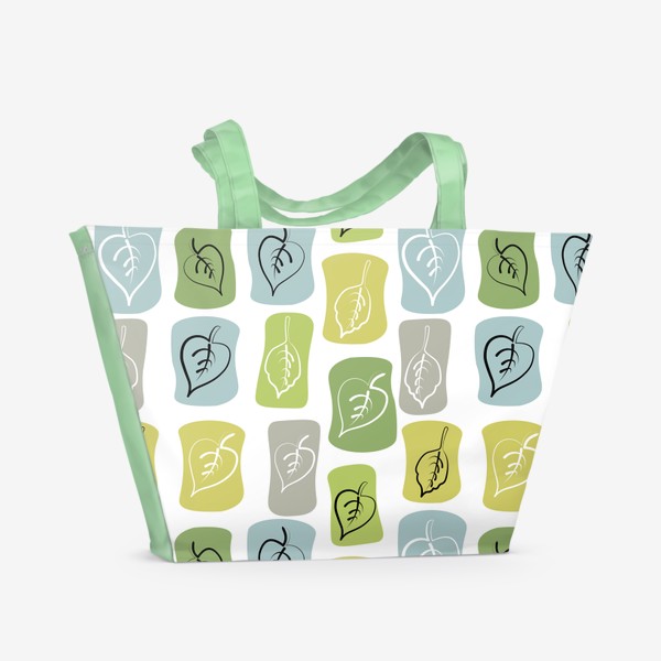 Пляжная сумка «Листва в скандинавском стиле. Паттерн с листьями на фоне цветных абстрактных прямоугольников.»