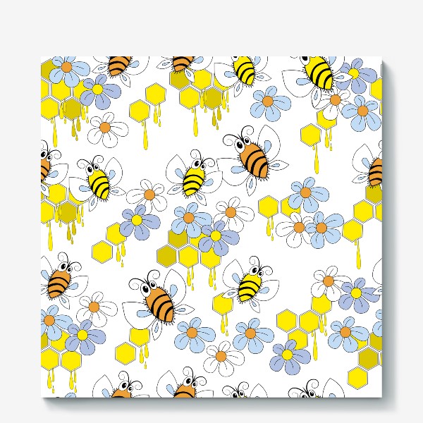 Холст «Пчелы,соты с медом,цветы. Бесшовная текстура с пчелами на фоне сот и цветов»