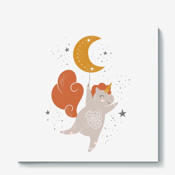 Холст &laquo;Единорог на луне. Воздушный шар месяц со звездами&raquo;