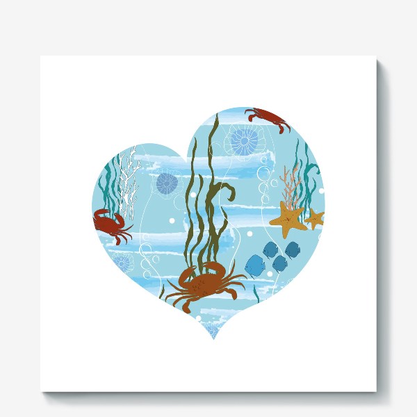 Холст «Летний морской принт в форме сердца с крабами,рыбками и водорослями.»