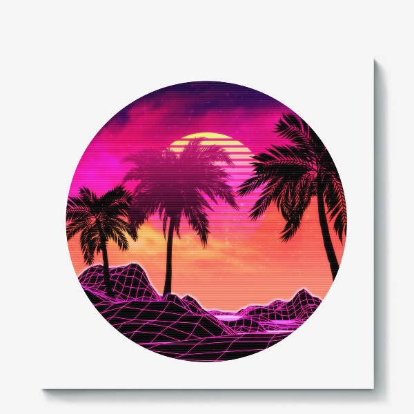 Холст &laquo;Пляж и пальмы в стиле 80х розовый неон&raquo;