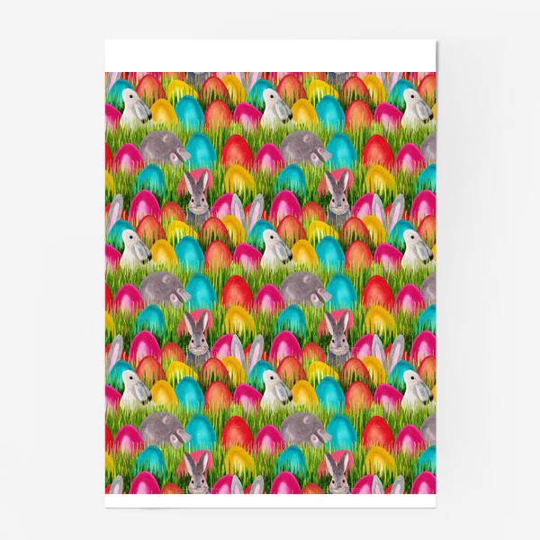 Постер «Паттерн цветные пасхальные яйца и Пасхальный кролик на траве»