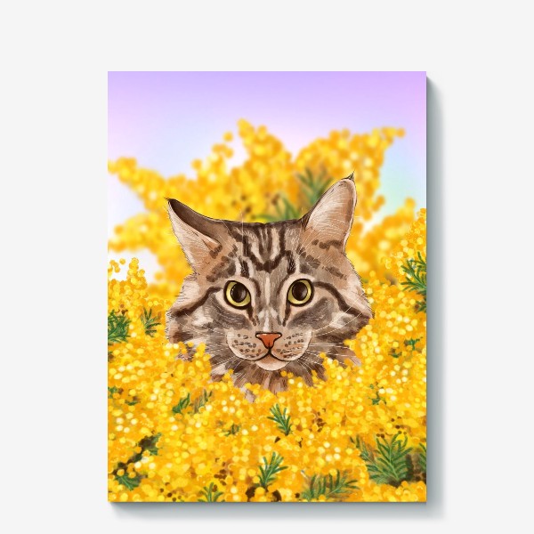 Холст «Кот Степан и мимоза. Котик в цветах. Весенний котик. »