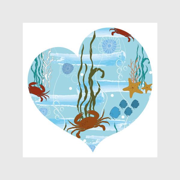 Шторы «Летний морской принт в форме сердца с крабами,рыбками и водорослями.»