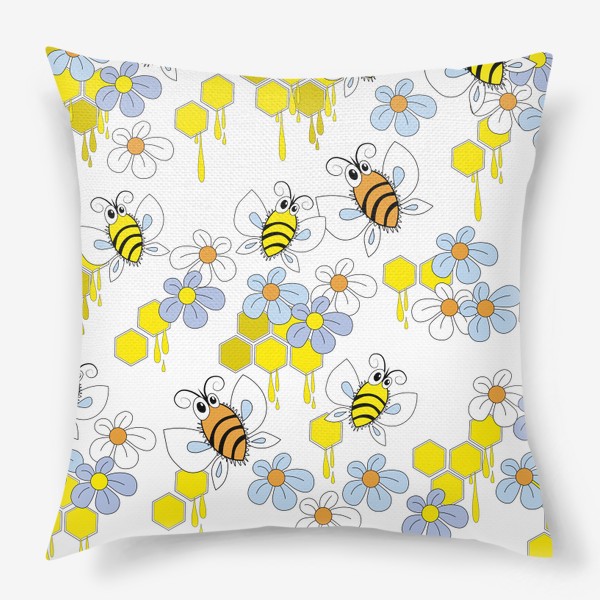 Подушка &laquo;Пчелы,соты с медом,цветы. Бесшовная текстура с пчелами на фоне сот и цветов&raquo;