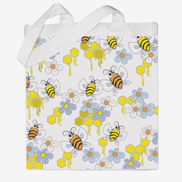 Сумка хб «Пчелы,соты с медом,цветы. Бесшовная текстура с пчелами на фоне сот и цветов»
