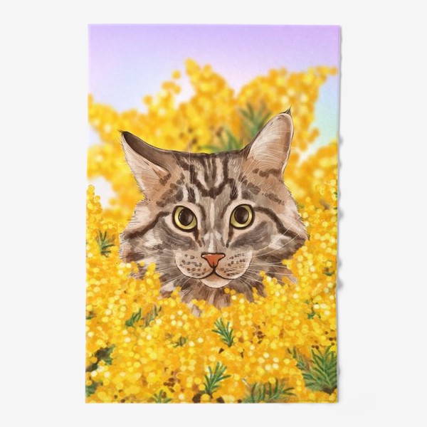 Полотенце «Кот Степан и мимоза. Котик в цветах. Весенний котик. »