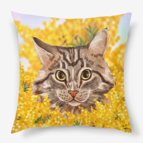 Подушка «Кот Степан и мимоза. Котик в цветах. Весенний котик. »