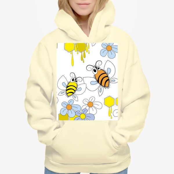 Худи «Пчелы,соты с медом,цветы. Бесшовная текстура с пчелами на фоне сот и цветов»