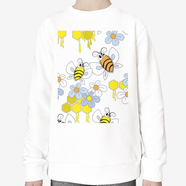 Свитшот «Пчелы,соты с медом,цветы. Бесшовная текстура с пчелами на фоне сот и цветов»