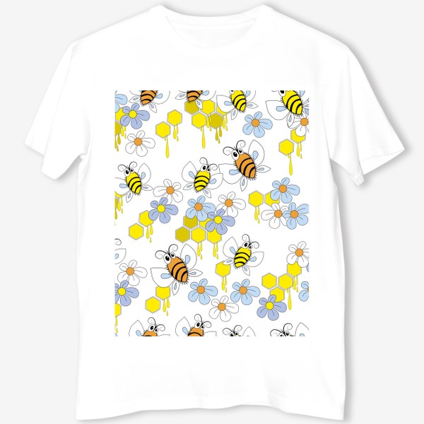 Футболка «Пчелы,соты с медом,цветы. Бесшовная текстура с пчелами на фоне сот и цветов»