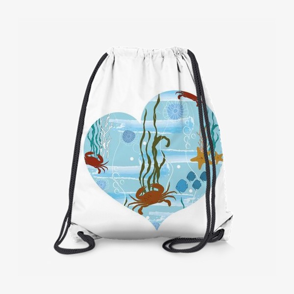Рюкзак «Летний морской принт в форме сердца с крабами,рыбками и водорослями.»