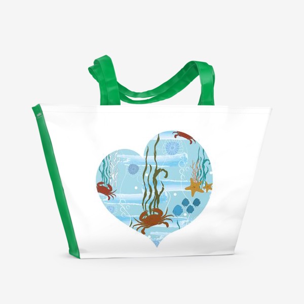 Пляжная сумка «Летний морской принт в форме сердца с крабами,рыбками и водорослями.»