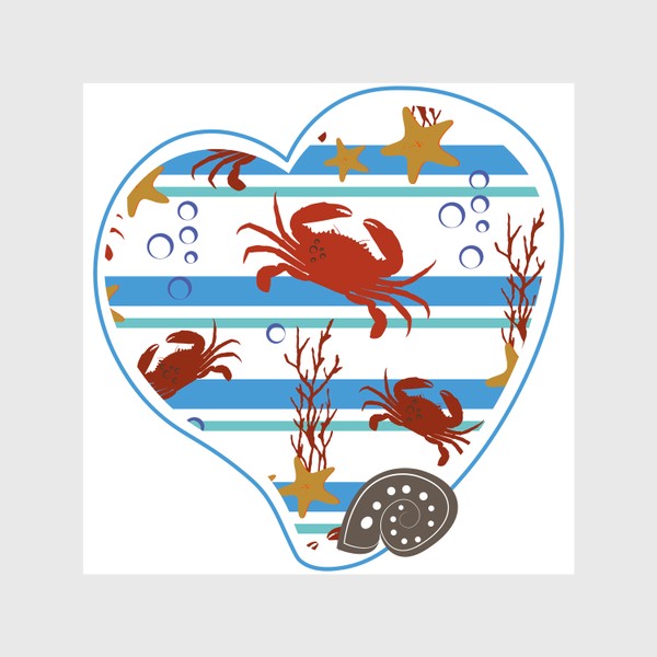 Шторы «Морской летний принт в форме сердца.Ракушки,крабы,кораллы. »