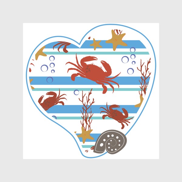 Скатерть «Морской летний принт в форме сердца.Ракушки,крабы,кораллы. »