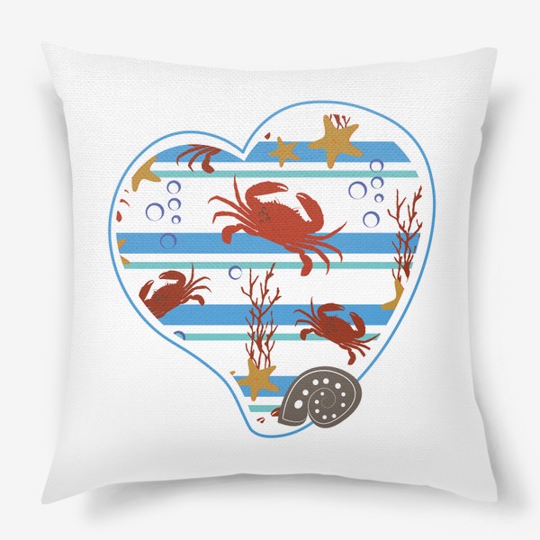 Подушка «Морской летний принт в форме сердца.Ракушки,крабы,кораллы. »