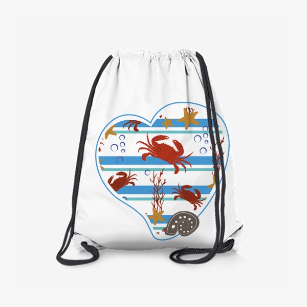 Рюкзак «Морской летний принт в форме сердца.Ракушки,крабы,кораллы. »