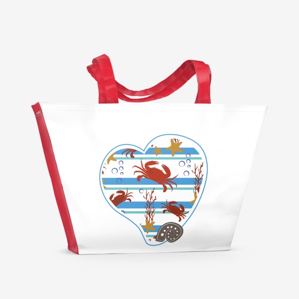 Пляжная сумка «Морской летний принт в форме сердца.Ракушки,крабы,кораллы. »
