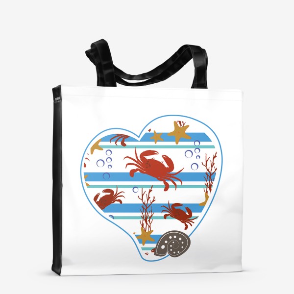 Сумка-шоппер &laquo;Морской летний принт в форме сердца.Ракушки,крабы,кораллы. &raquo;