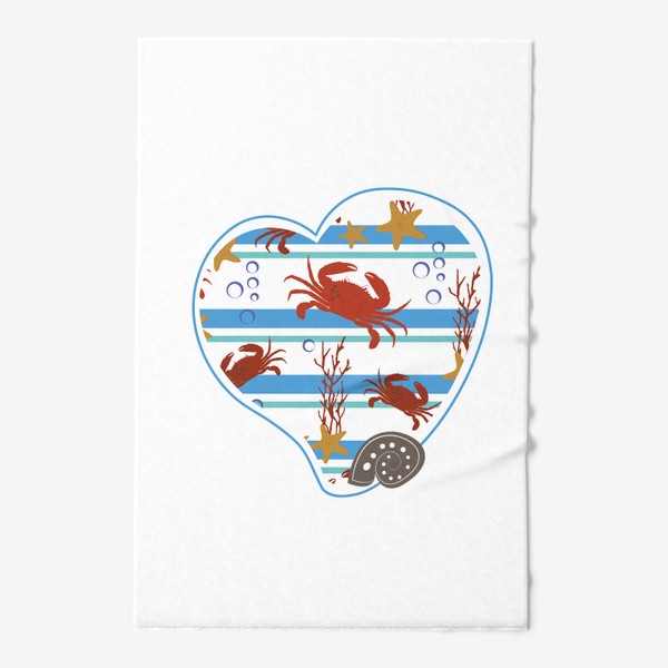 Полотенце &laquo;Морской летний принт в форме сердца.Ракушки,крабы,кораллы. &raquo;
