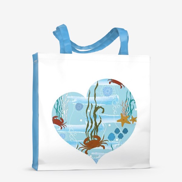 Сумка-шоппер «Летний морской принт в форме сердца с крабами,рыбками и водорослями.»