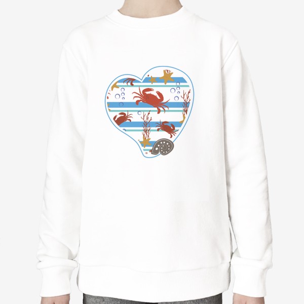 Свитшот «Морской летний принт в форме сердца.Ракушки,крабы,кораллы. »