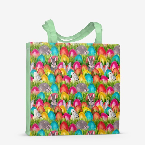 Сумка-шоппер «Паттерн цветные пасхальные яйца и Пасхальный кролик на траве»