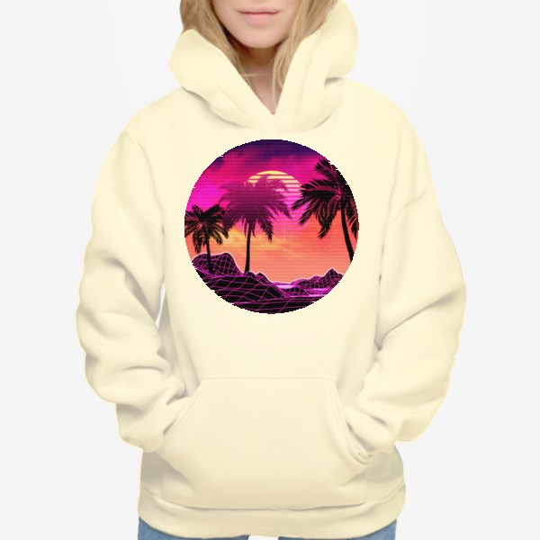 Худи &laquo;Пляж и пальмы в стиле 80х розовый неон&raquo;